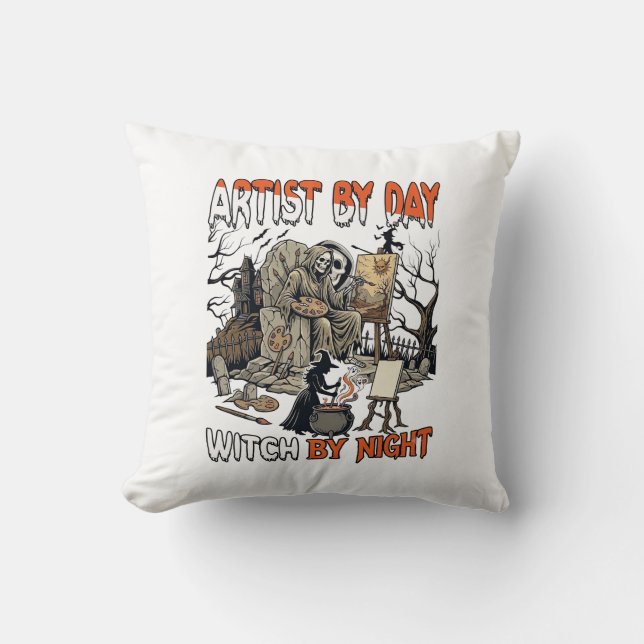 Artist Day Witch Night Halloween Skeleton Painter  Cushion (Front)