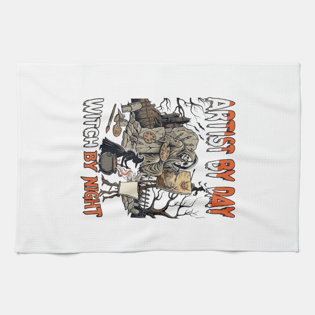 Artist Day Witch Night Halloween Skeleton Painter  Tea Towel (Horizontal)