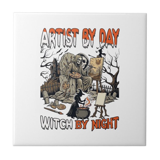 Artist Day Witch Night Halloween Skeleton Painter  Tile (Front)