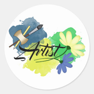 Artist. Drawing. Blue and yellow. Paint brush and  Classic Round Sticker