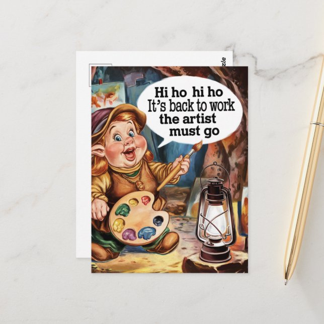 Artist Dwarf Sings Herself Back To Work Postcard (Front/Back In Situ)