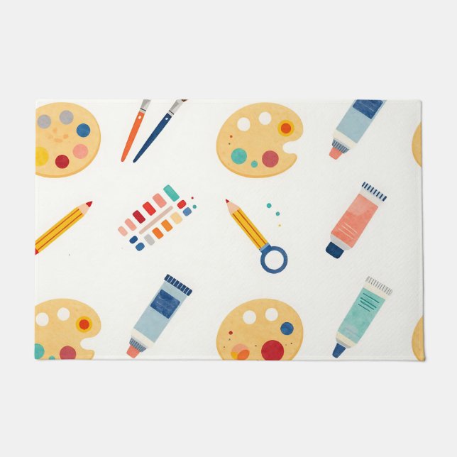 Artist Paint Tools Pattern Cute Watercolor Doormat (Front)