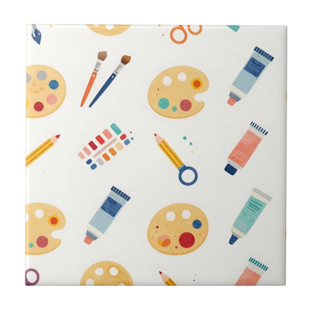 Artist Paint Tools Pattern Cute Watercolor Tile (Front)