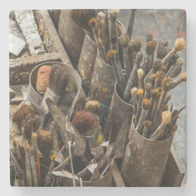 Artist Paintbrushes in Old Rusty Tin Cans Stone Coaster (Front)