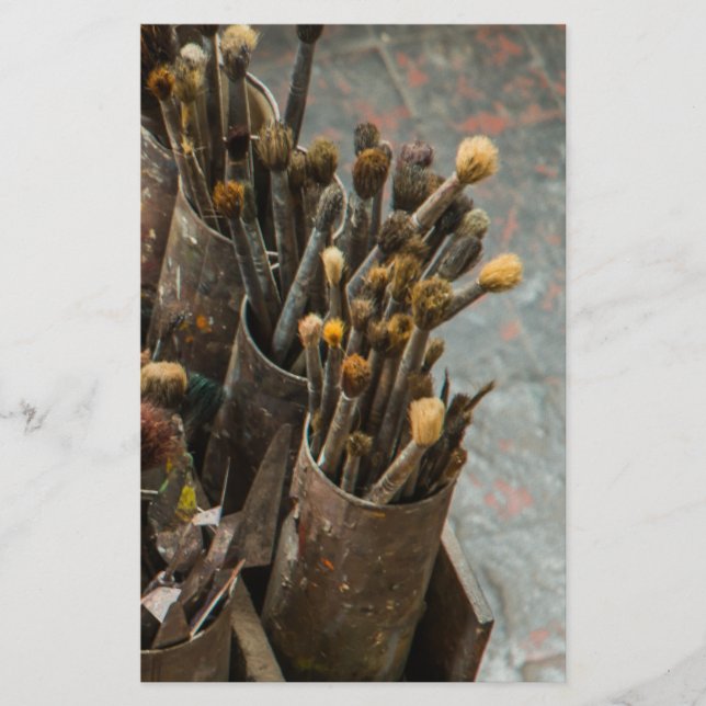 Artist Paintbrushes in Rusty Tin Cans Stationery (Front)