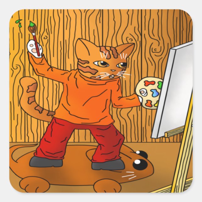 Artist Painter Cat Square Sticker (Front)