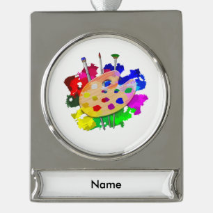Artist Palette And Brushes Silver Plated Banner Ornament