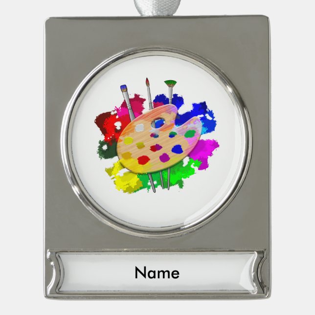 Artist Palette And Brushes Silver Plated Banner Ornament (Front)