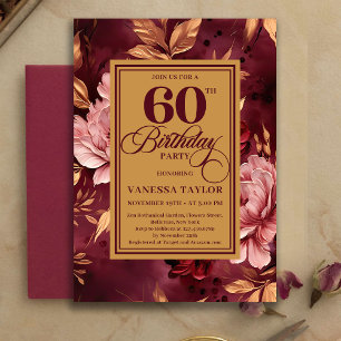 Artistic 60th Birthday Burgundy Blush Bohemian  Invitation