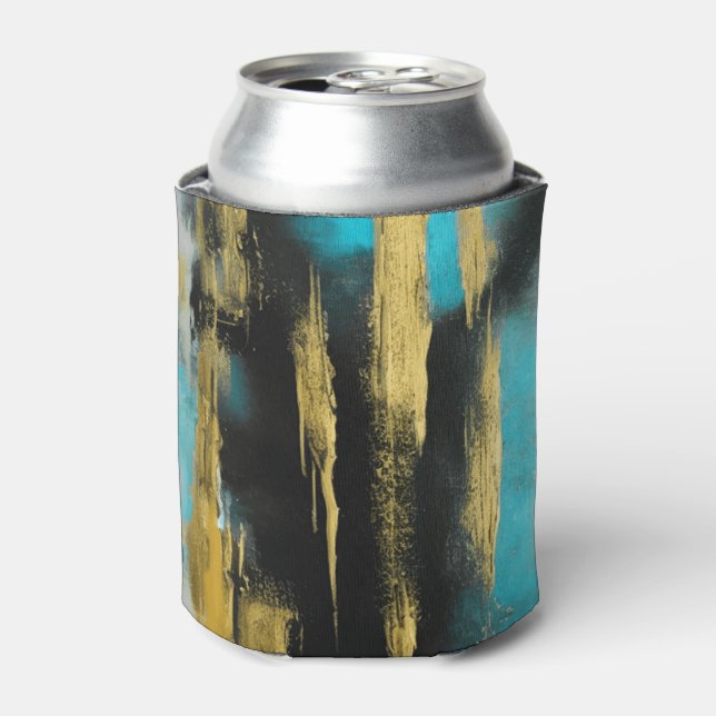 Artistic Abstract Art in Turquoise, Gold and Black Can Cooler (Can Front)