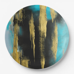 Artistic Abstract Art in Turquoise, Gold and Black Paper Plate