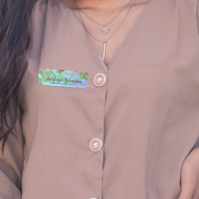 Artistic Abstract Green Gold Glitter Brushstrokes Name Tag (Creator Uploaded)