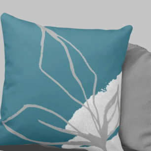 Artistic Abstract Leaves Turquoise Grey & White Cushion