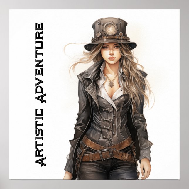 Artistic Adventure Steampunk Young Woman Vintage Poster (Front)