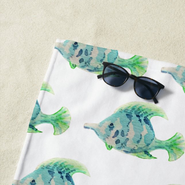 Artistic Animal Watercolor Blue Tropical Fish Beach Towel (In Situ)