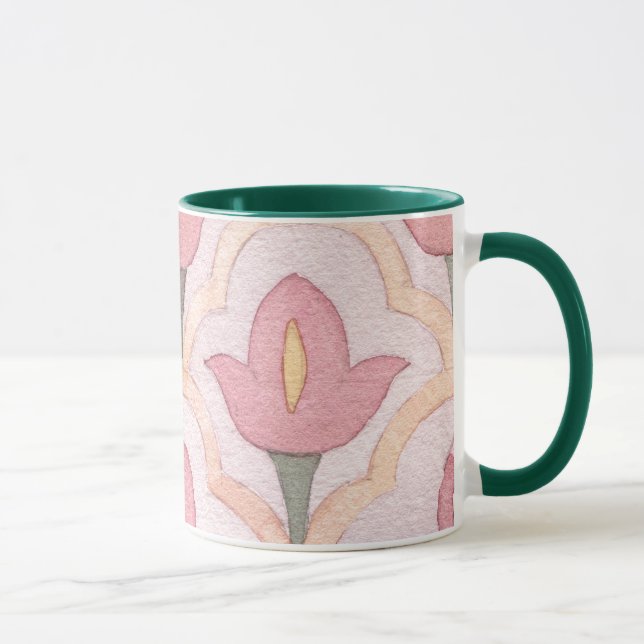 Artistic antique dark green and pink tulips retro mug (Right)