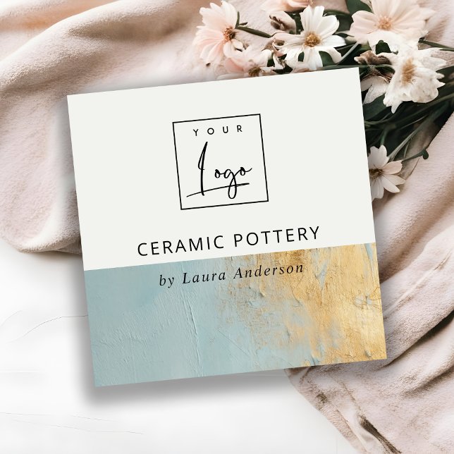 Artistic Aqua Blue Gold Oil Paint Texture Logo Square Business Card (Creator Uploaded)