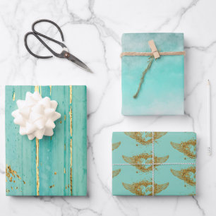Artistic Aqua & Gold Trio Wrapping Paper Sheet