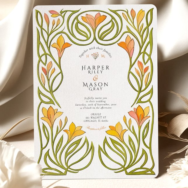 Artistic Art Nouveau Orange Lily Wedding Invitation (Creator Uploaded)