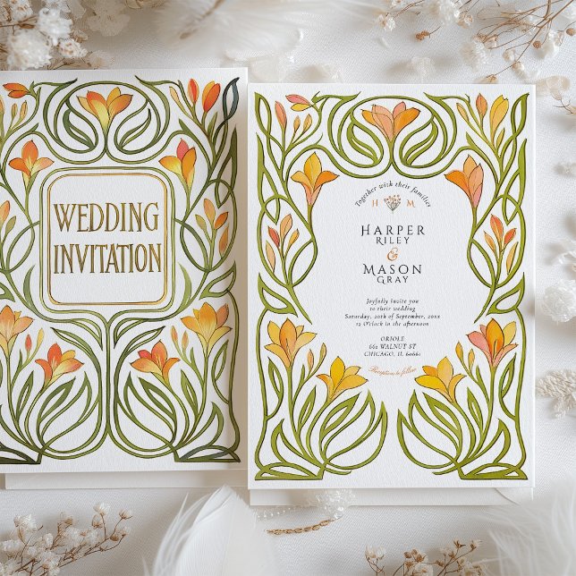 Artistic Art Nouveau Orange Lily Wedding Invitation (Creator Uploaded)
