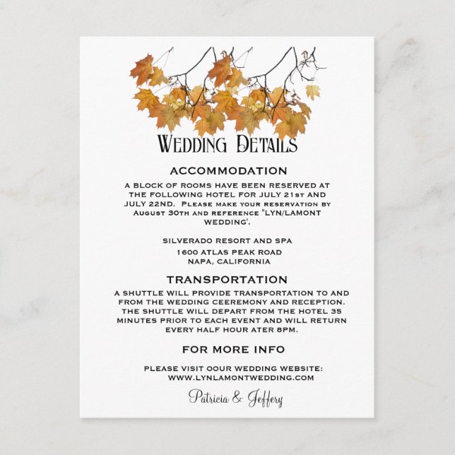 Artistic Autumn Leaves Wedding  Enclosure Card (Front)