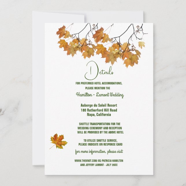 Artistic Autumn Leaves Wedding Enclosure Card (Front)
