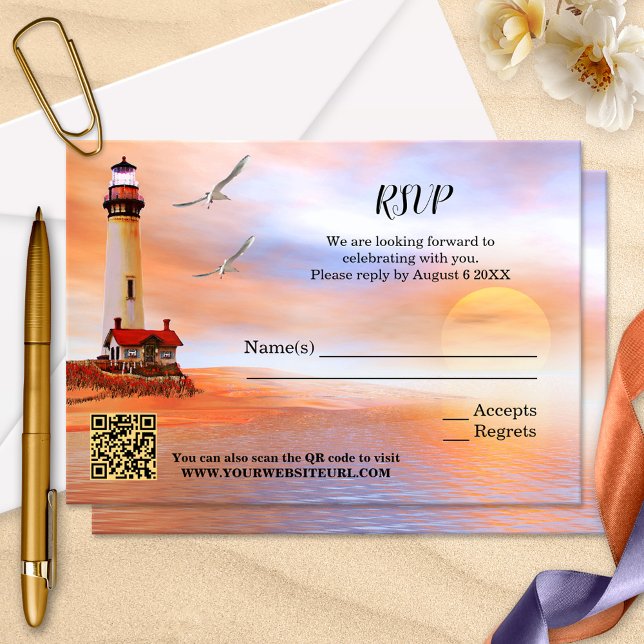 Artistic Beach Lighthouse Wedding RSVP Card (Wedding RSVP card with a painting of a lighthouse at the beach with seagulls at sunset.)