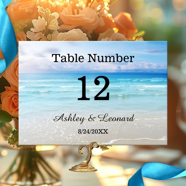Artistic Beach Wedding Table Number Card (Wedding table number card featuring a simple painting of a beach in vibrant colors)