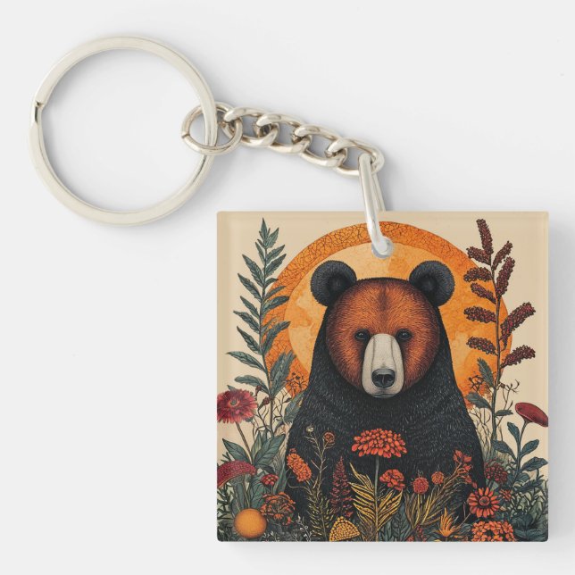 Artistic Bear Among Vibrant Botanical Flowers Key Ring (Front)