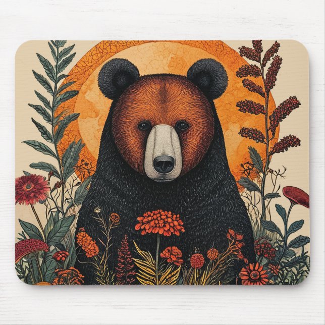 Artistic Bear Among Vibrant Botanical Flowers Mouse Pad (Front)