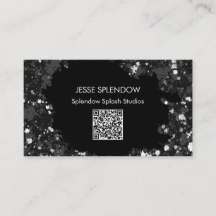 Artistic Black Abstract Paint Splatters QR Code Business Card