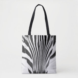 Artistic black and white closeup portrait of a zeb tote bag