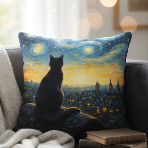 Artistic Black Cat & Celestial Town Decorative  Cushion