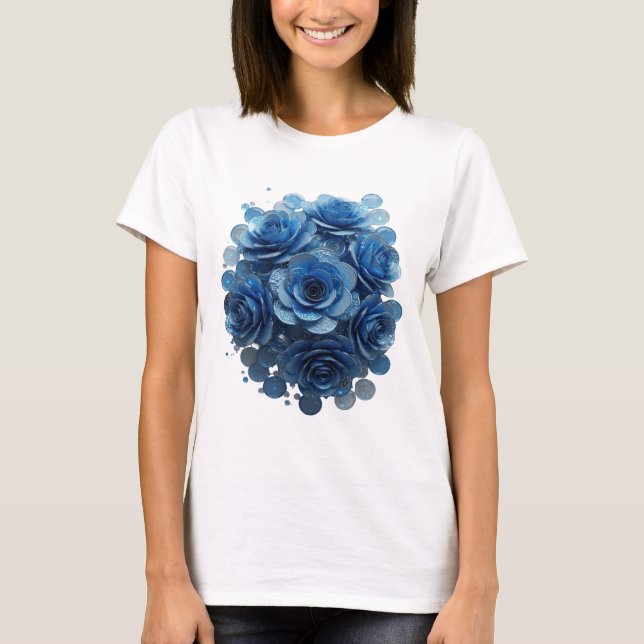 Artistic Blue BLUE ROSES Print T-Shirt (Front)