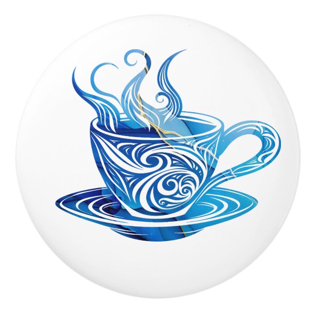Artistic Blue Coffee Cup with Swirling Patterns Ceramic Knob (Front)