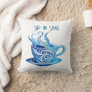 Artistic Blue Coffee Cup with Swirling Patterns Cushion