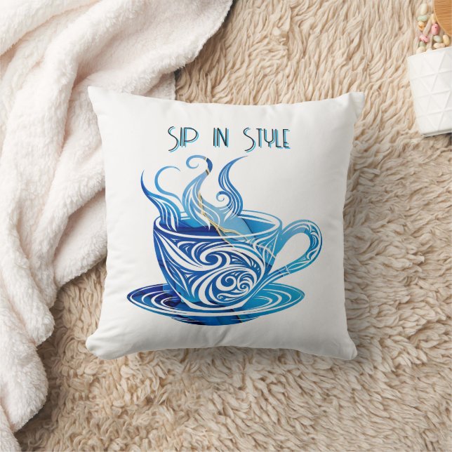 Artistic Blue Coffee Cup with Swirling Patterns Cushion (Blanket)