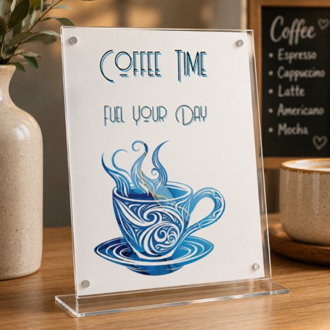 Artistic Blue Coffee Cup with Swirling Patterns Pedestal Sign (Creator Uploaded)