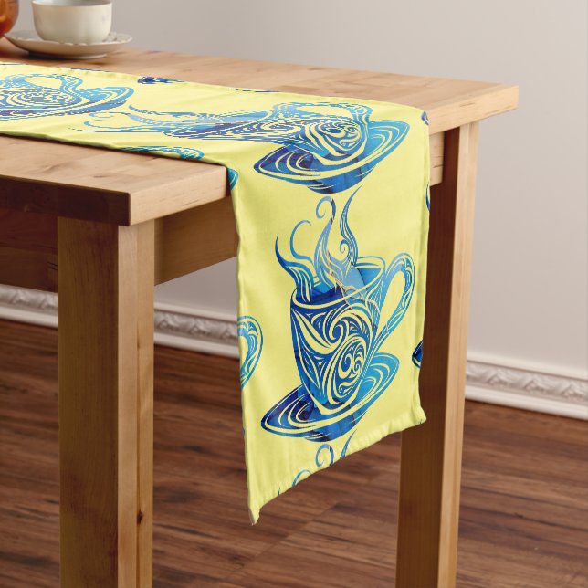 Artistic Blue Coffee Cup with Swirling Patterns Short Table Runner (In Situ)