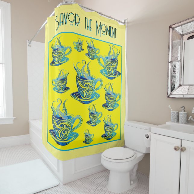 Artistic Blue Coffee Cup with Swirling Patterns Shower Curtain (In Situ)