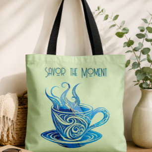 Artistic Blue Coffee Cup with Swirling Patterns Tote Bag