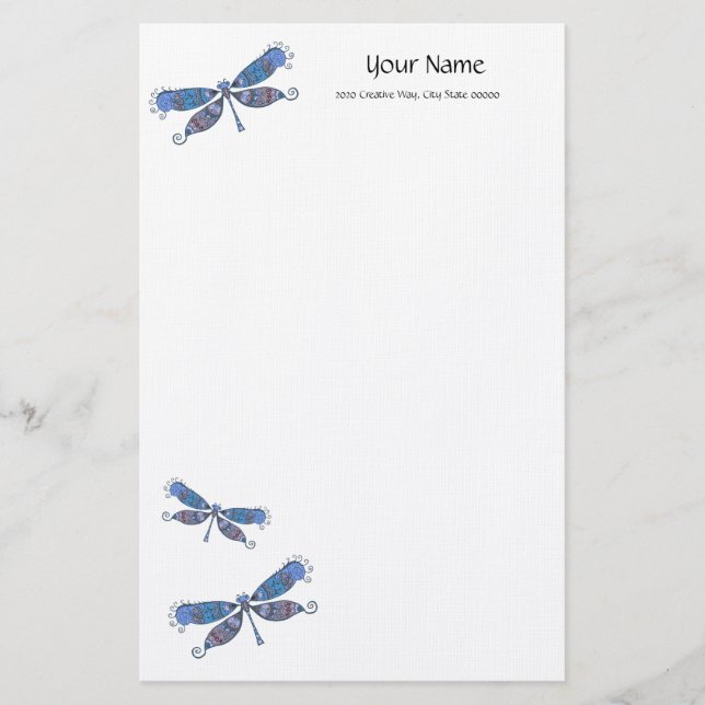 Artistic Blue Dragonfly Linen Stationery (Front)