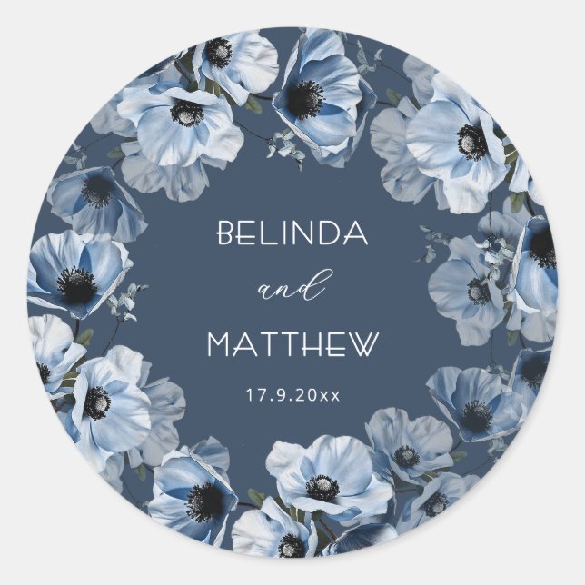 Artistic Blue Flowers | Wedding Classic Round Sticker (Front)