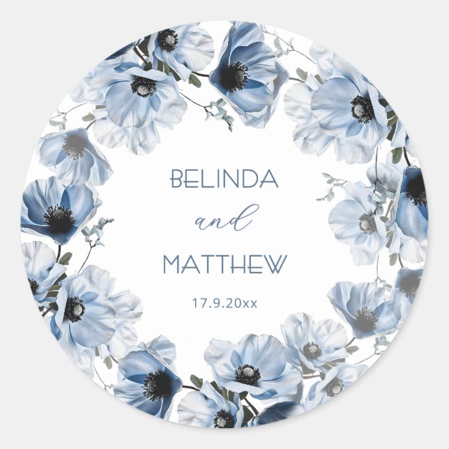 Artistic Blue Flowers | Wedding Classic Round Sticker (Front)