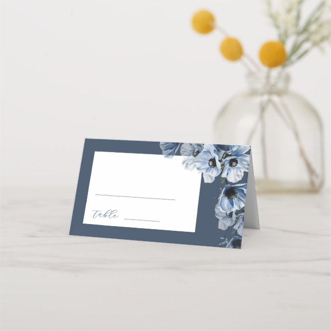 Artistic Blue Flowers Wedding Place Card (Front)