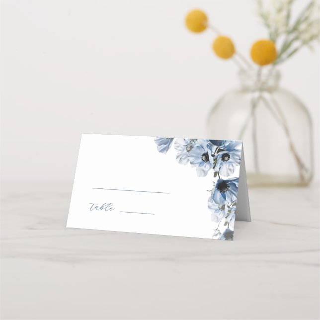 Artistic Blue Flowers Wedding Place Card (Front)