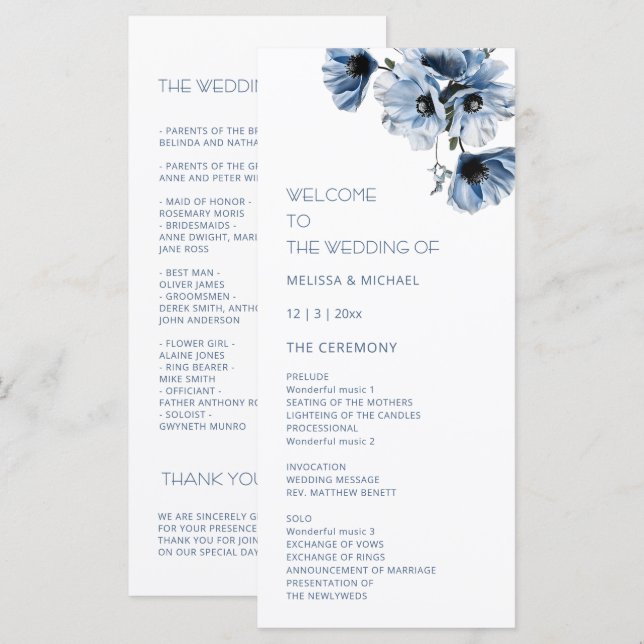 Artistic Blue Flowers Wedding Programme (Front/Back)