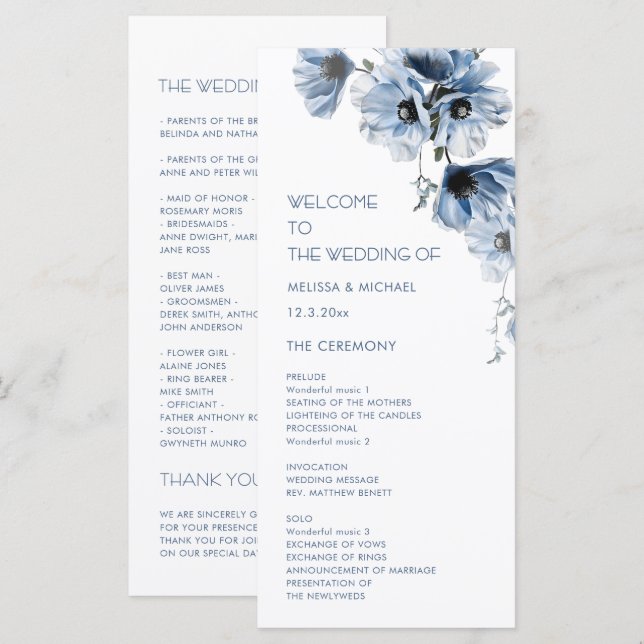 Artistic Blue Flowers Wedding Programme (Front/Back)