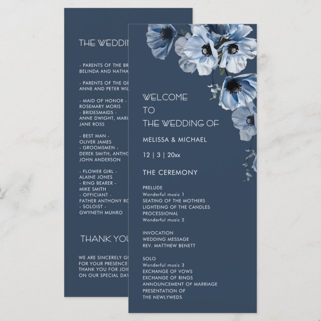 Artistic Blue Flowers Wedding Programme (Front/Back)