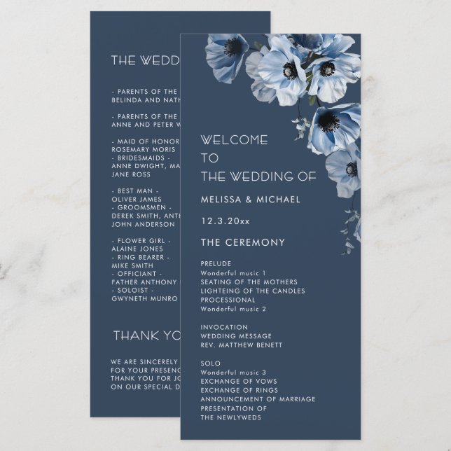 Artistic Blue Flowers Wedding Programme (Front/Back)